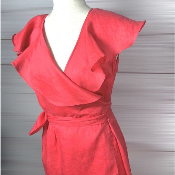 Neiman Marcus Coral Ruffle V-Neck Sleeveless 100% Linen Wrap Dress size S - Picture 4 of 13